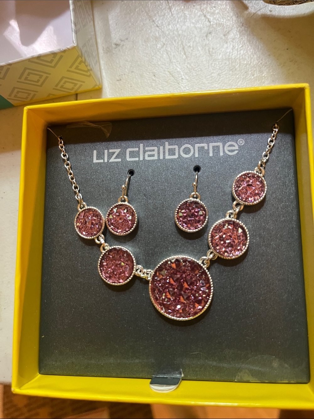 Liz Claiborne Pink Crystal Circle Necklace with Matching Earrings